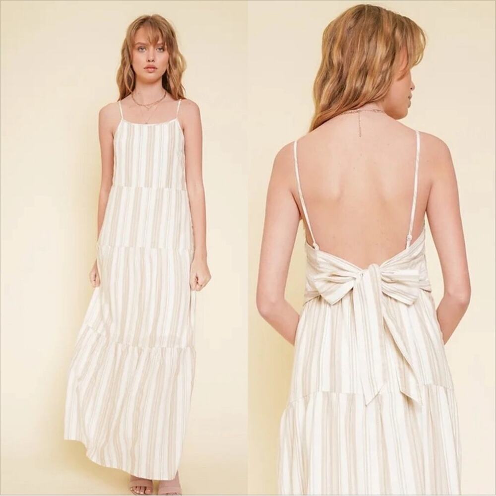 Hem & Thread Sol Stripe Open Tie Back Tiered Midi Maxi Dress Medium
